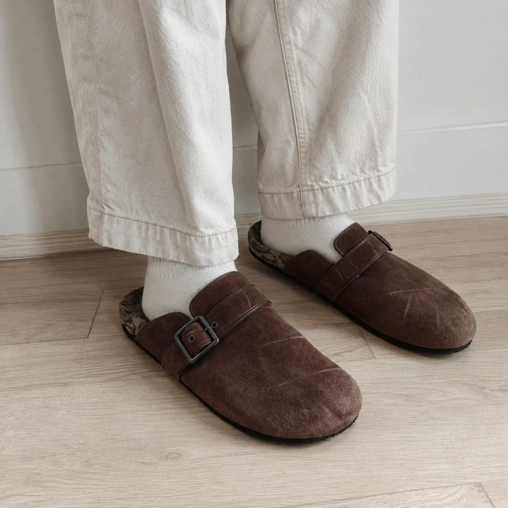 Coach Mens Clogs 12 Brown Suede Buckle Strap Monogram Gorpcore Luxury